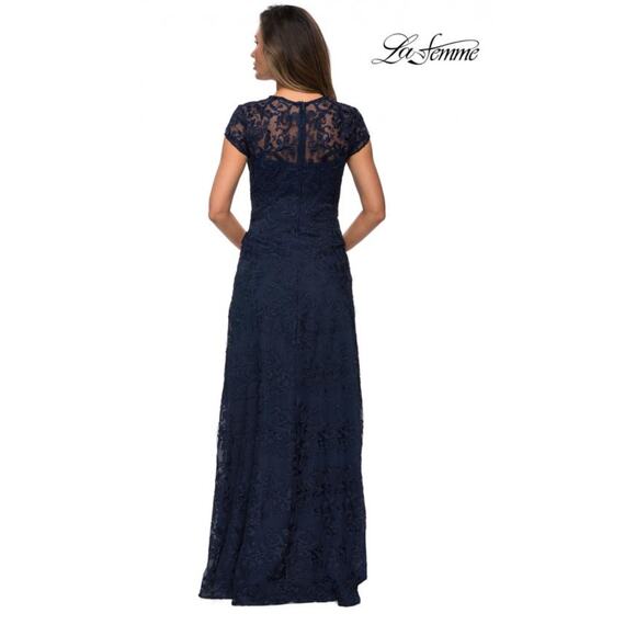 La Femme 27951 Navy Floral Gown Modest Cap Sleeve Size 6 - Picture 6 of 6
